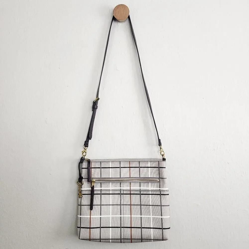 NEW Fossil Fiona Large Crossbody Bag Gray Beige Plaid Neutral Checkered Purse